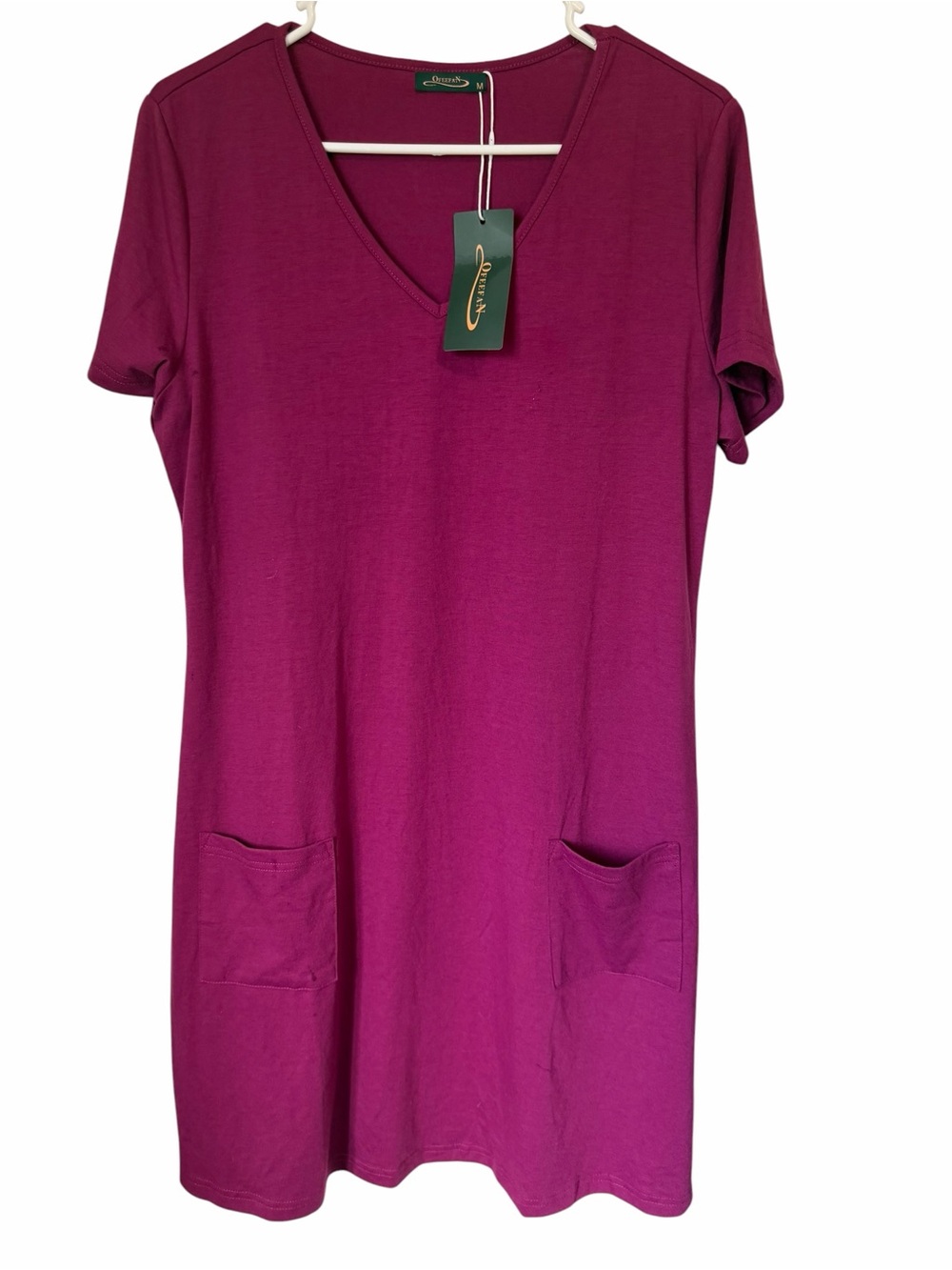Casual V-Neck Midi Dress with Front Pockets - Plum